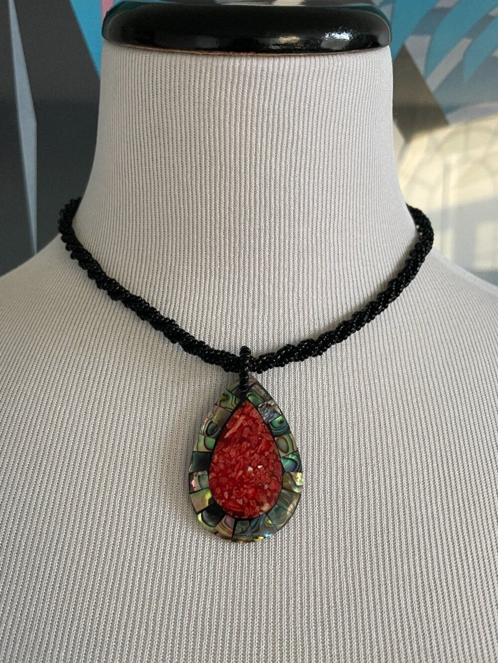 Abalone Shell Pendant & Black Bead Statement Necklace
